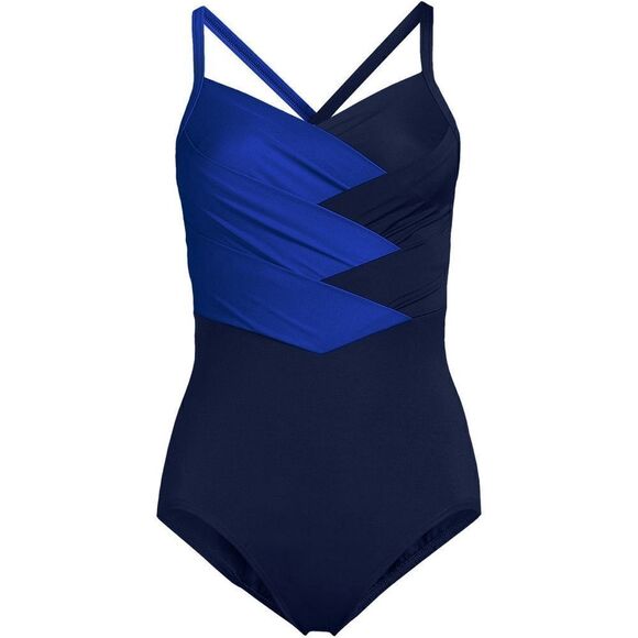 Land's End  slender swimsuit pleated X back one piece swimsuit blue navy size 10 - Picture 1 of 5